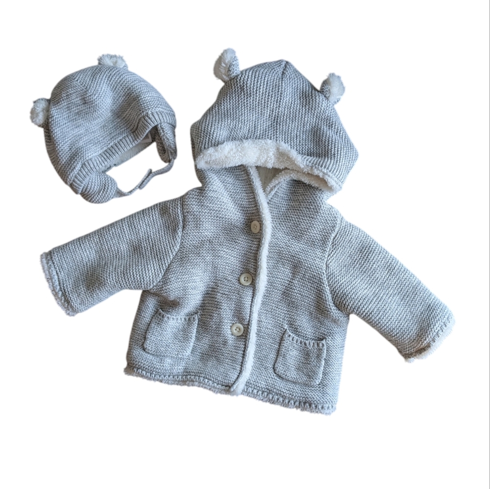Gap knit coat (0-3 mo) + hat (3-6 mo)